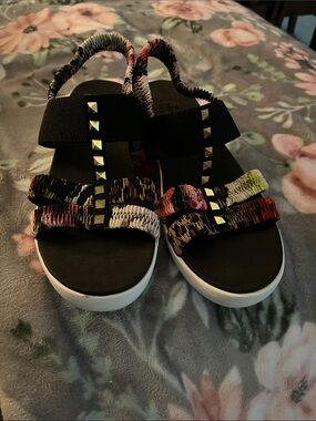 Skechers Black Sandals with Multicolor Elastic Straps and Gold Studs